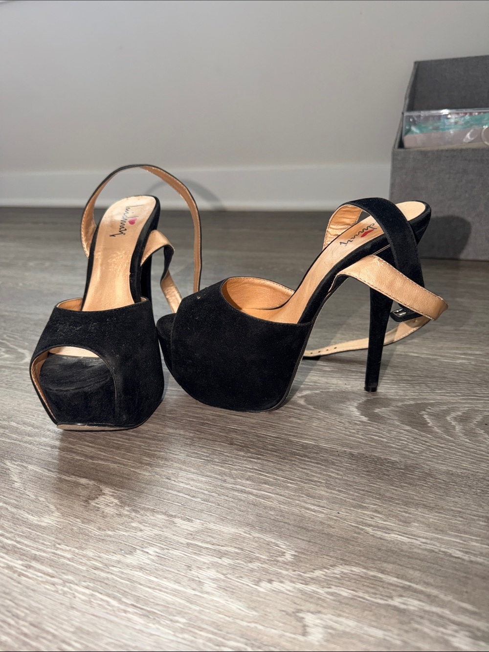 Black faux Suede Platform Peep-Toe High Heels